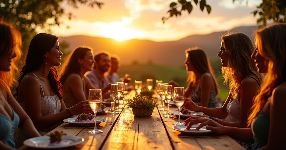 Uma vinícola na Serra Gaúcha com garrafas de espumante moscatel e uma festa de degustação ao ar livre.