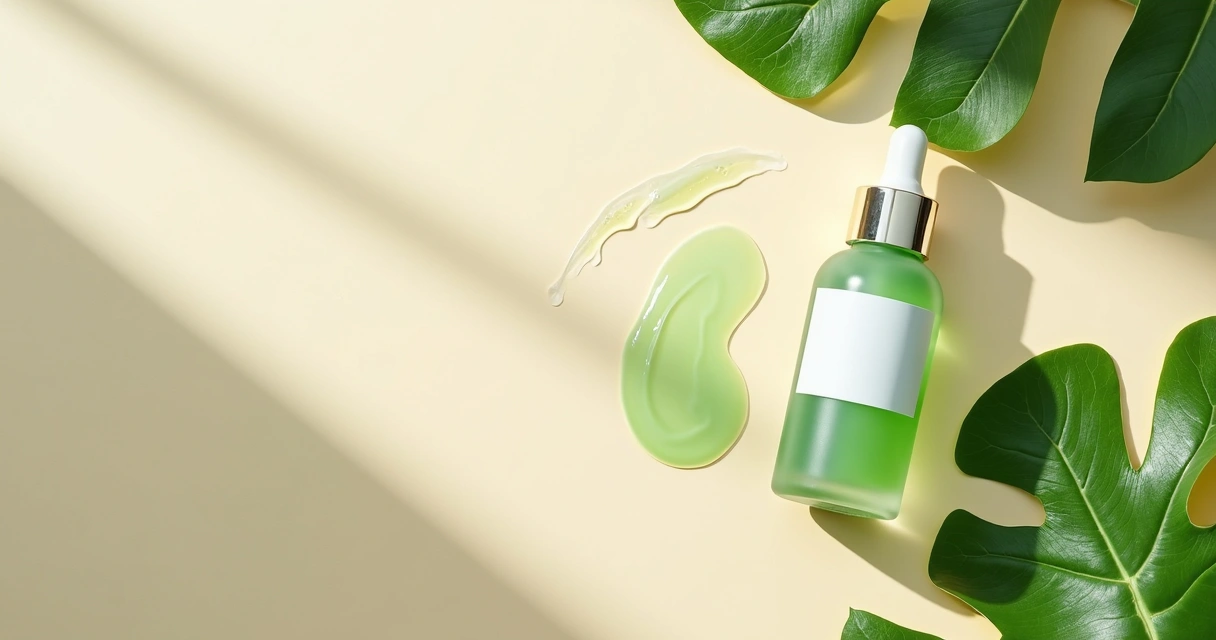 Sérum de centella ao lado de folhas verdes e textura em gel 