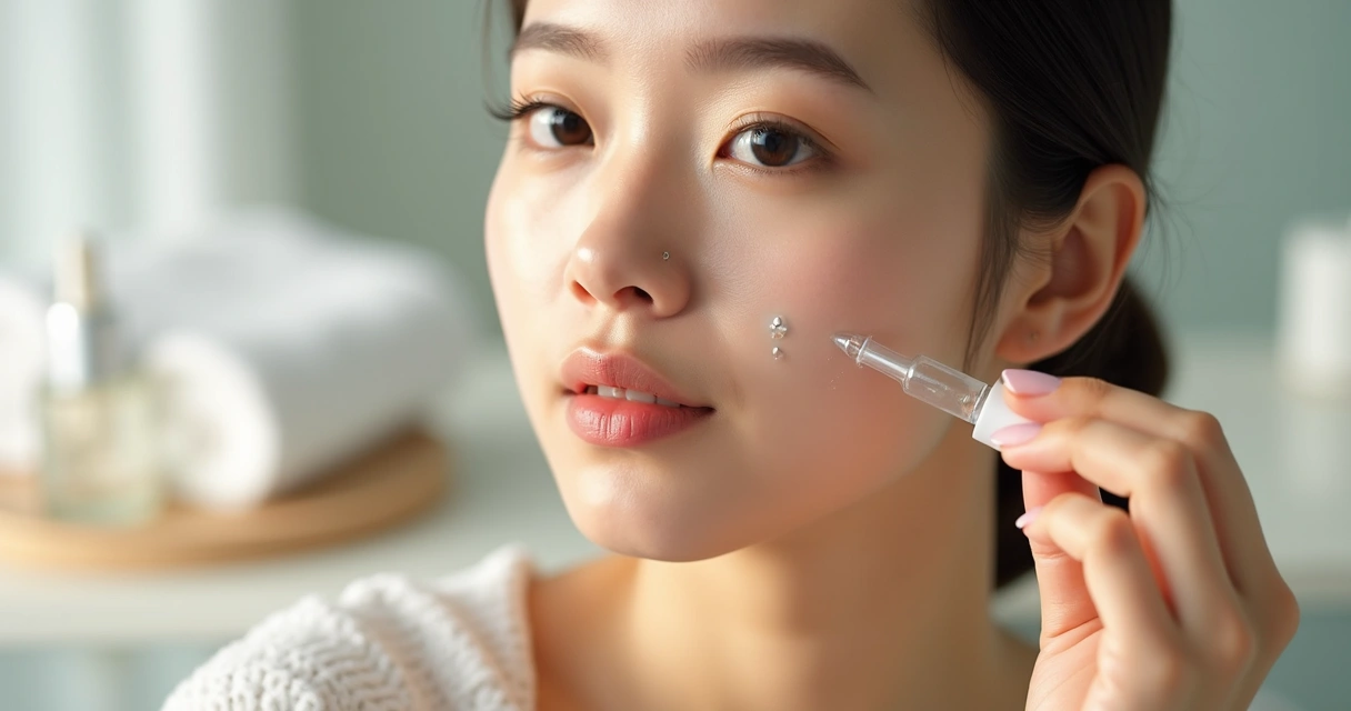 Mulher aplicando sérum coreano no rosto