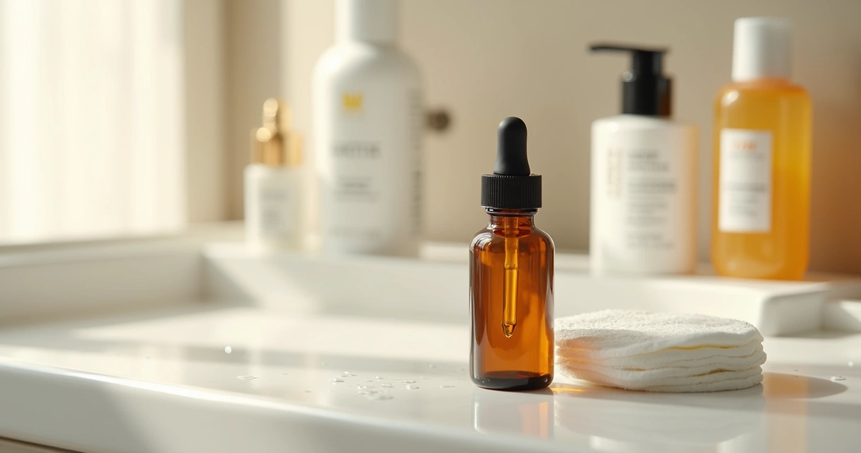 Frasco de sérum de vitamina C ao lado de itens de rotina facial 