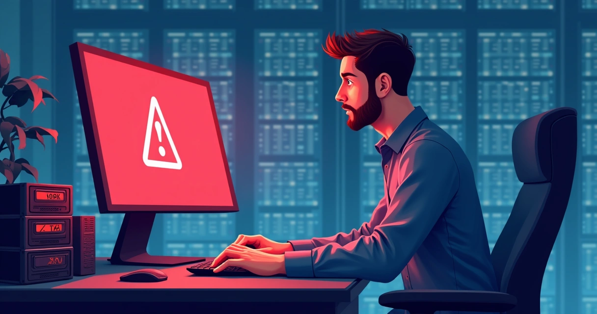 IT administrator shocked as server backup restore fails, red error alert showing on monitor