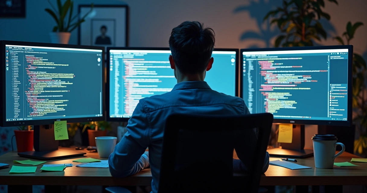 Desenvolvedor sentado à mesa com vários monitores exibindo código desorganizado e diferentes softwares abertos. 