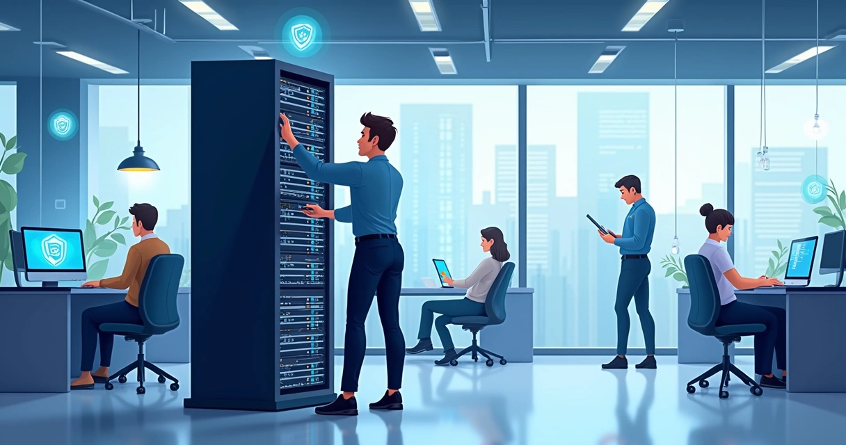 IT technician installs corporate server in modern office