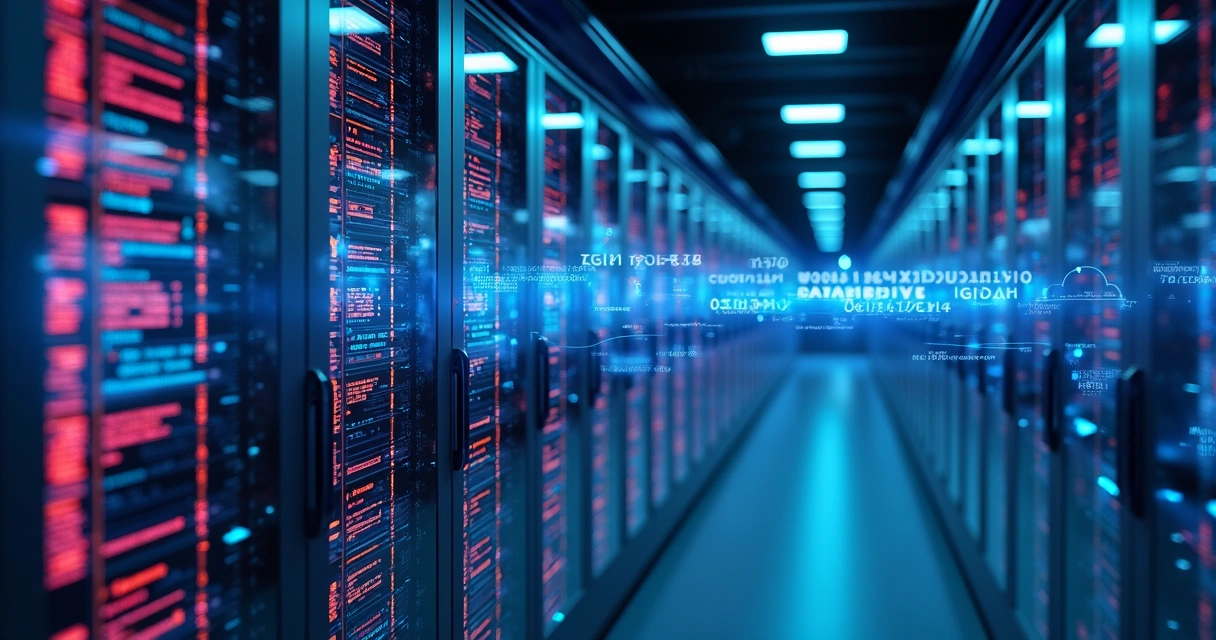 Code visualized over cloud servers in data center 