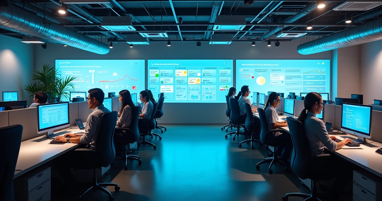 Equipe de suporte trabalhando em uma central de service desk