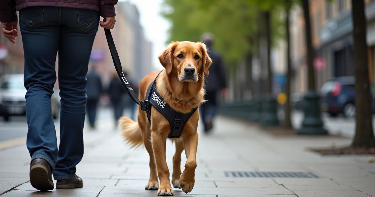 Service dog guiding handler along a city sidewalk