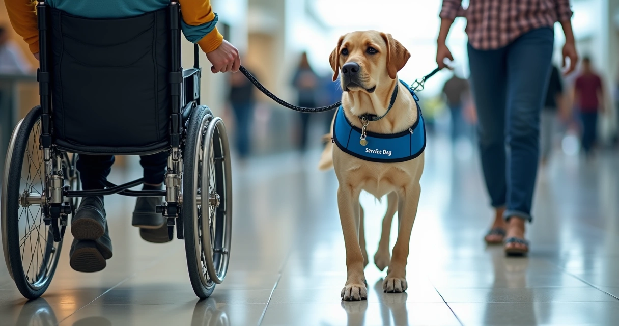 Service dog assisting person in public indoor space