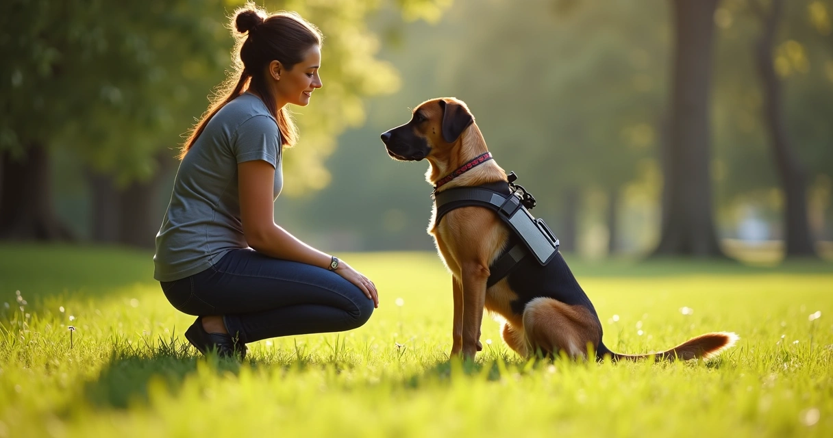 Service dog wearing harness sitting calmly next to owner in a park