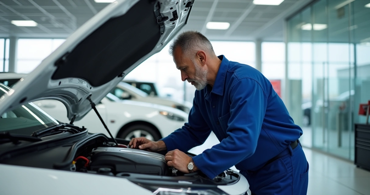 Mecánico revisando motor de coche nuevo en agencia oficial 