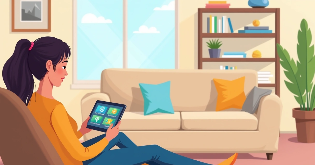Una sala moderna y acogedora con una persona usando una app Fintech en una tablet, mostrando servicios financieros.