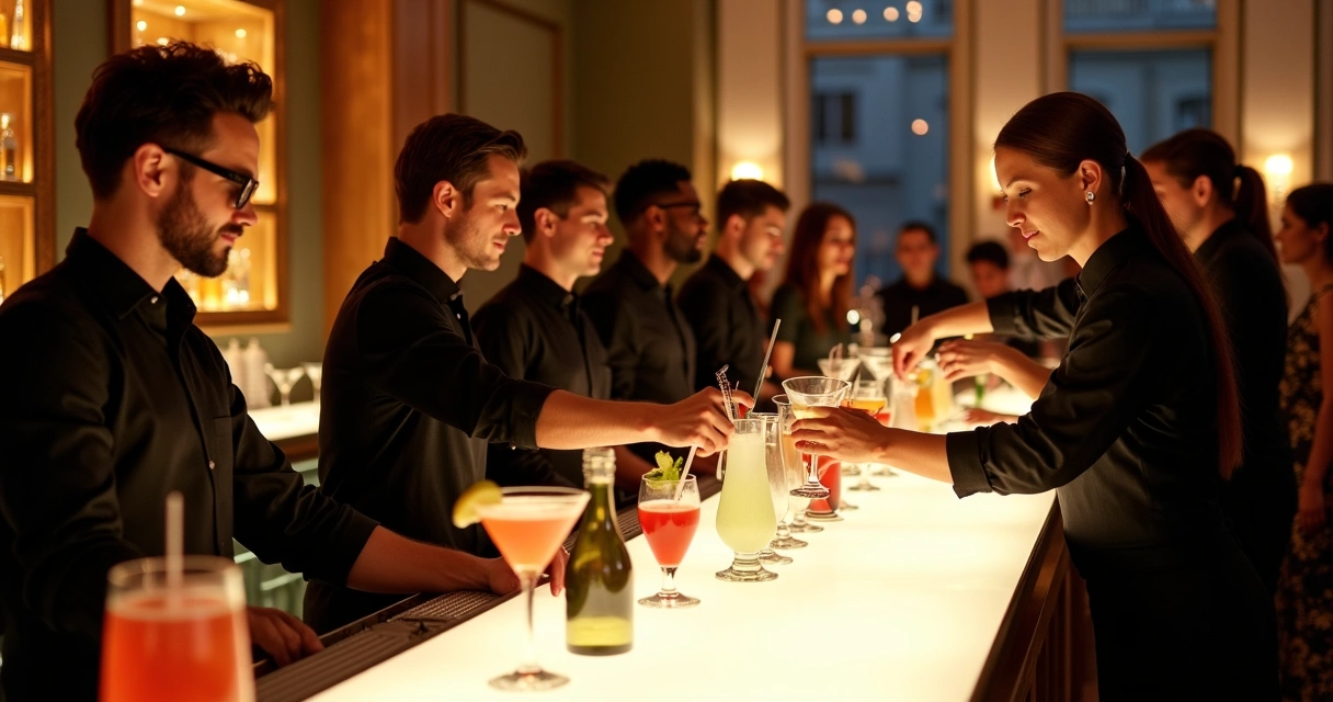 Equipe de bartenders servindo drinks em evento corporativo 