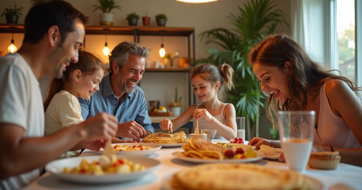 Família comemorando em hospedagem com crepes 