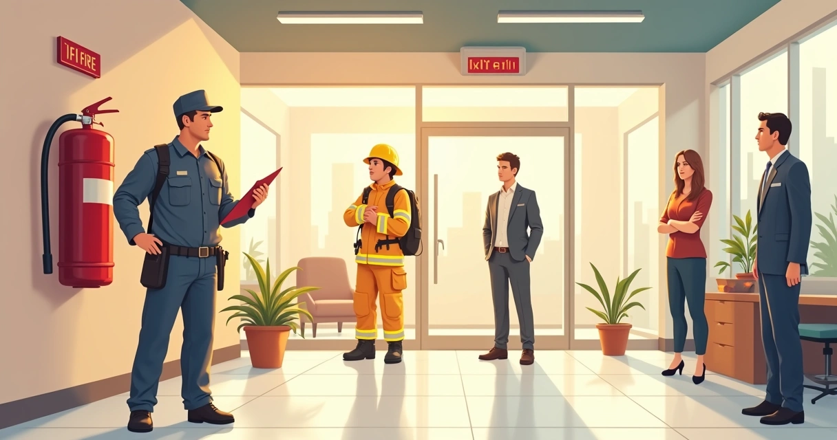 Equipe dos bombeiros realizando vistoria em edifício comercial 