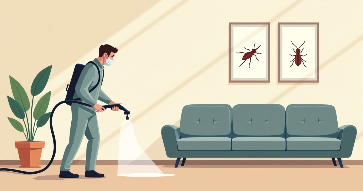 Profissional aplicando produto de dedetização em ambiente interno 