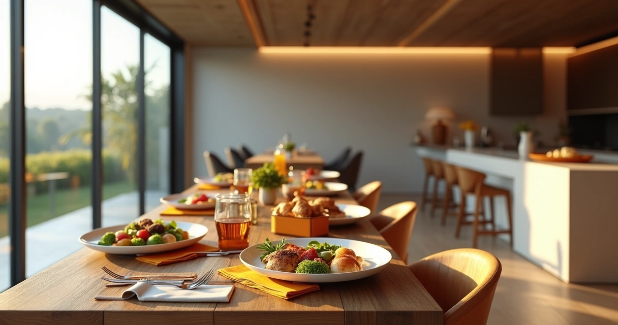 Mesa de jantar em casa de temporada com refeições entregues em embalagem elegante sobre superfície de madeira