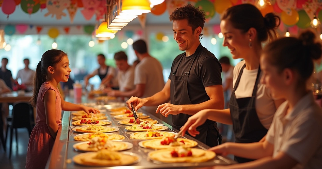 Equipe do Divina’s Crepe servindo crepes em festa infantil 