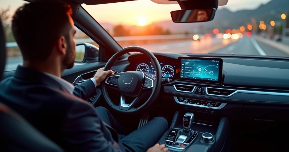 Motorista de transporte executivo em Curitiba dentro do carro, trajando terno, ao entardecer, com painel moderno ao fundo. 