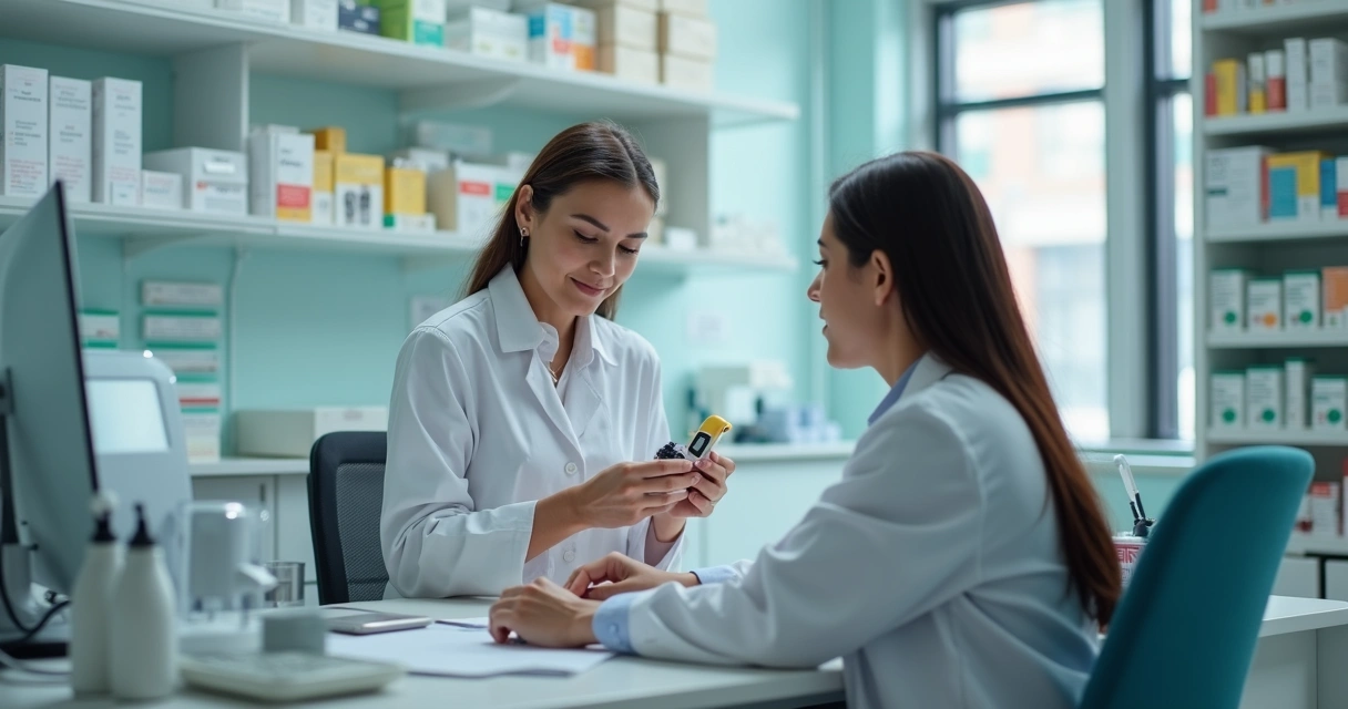 Farmacêutico realizando teste rápido em sala de atendimento 