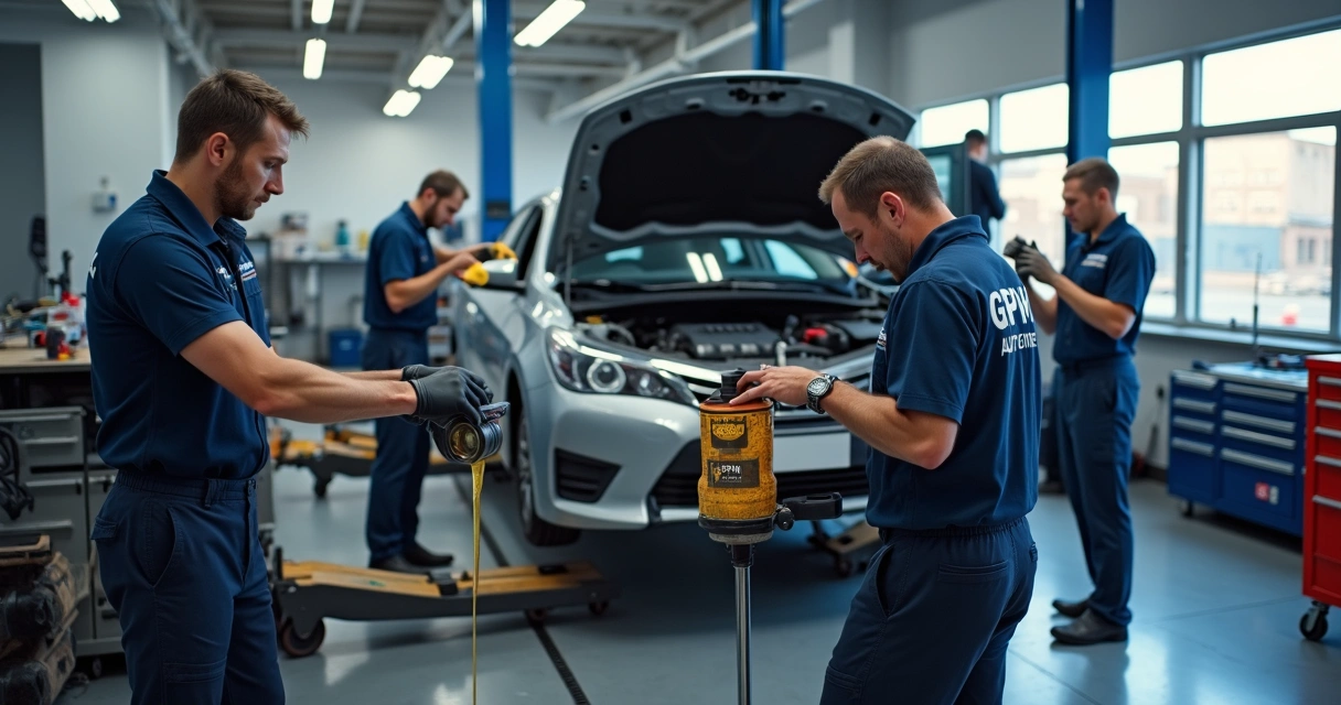 Equipe automotiva trocando fluidos em oficina 