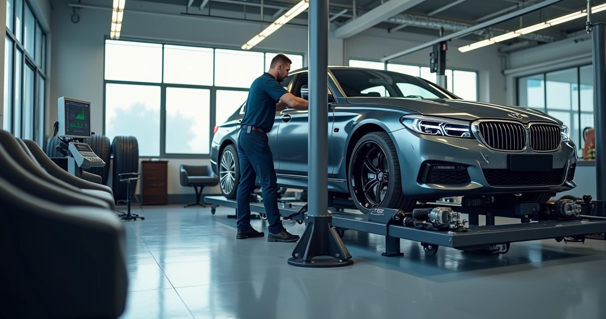 Técnico realizando geometria e balanceamento em roda de carro dentro de oficina automotiva moderna 