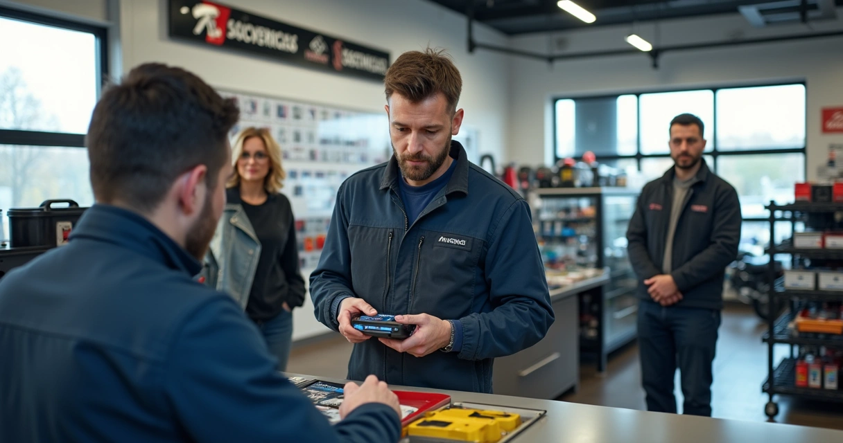 Técnico realizando diagnóstico gratuito de bateria automotiva 