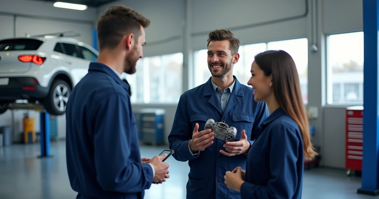 Mecânico segurando uma peça trocada ao lado de cliente na oficina, com carro elevado ao fundo 