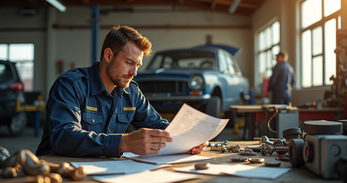 Mecânico analisando planilhas com ferramentas ao lado 