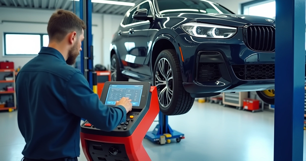 Mecânico usando equipamento moderno para trocar óleo de câmbio automático
