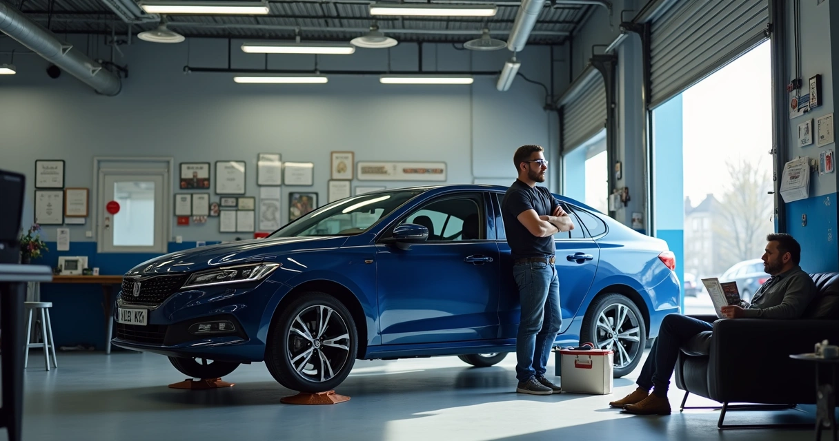 Mecânico trabalhando em carro em oficina bem iluminada