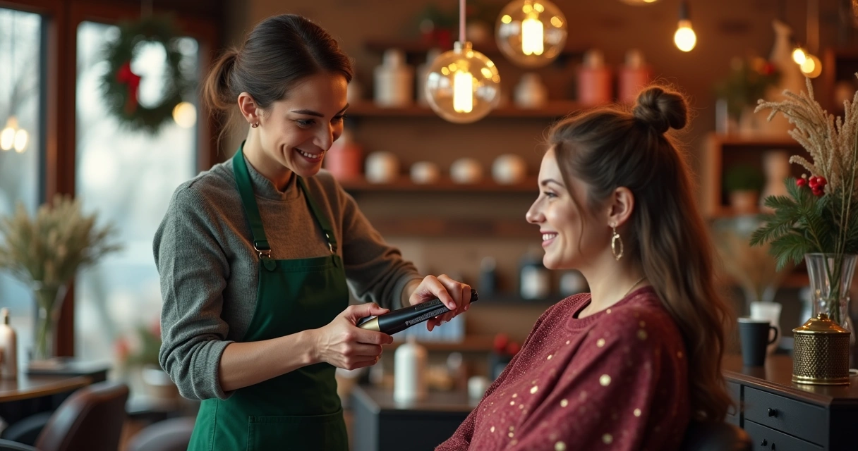 Profissional de serviço atendendo cliente com decoração temática. 