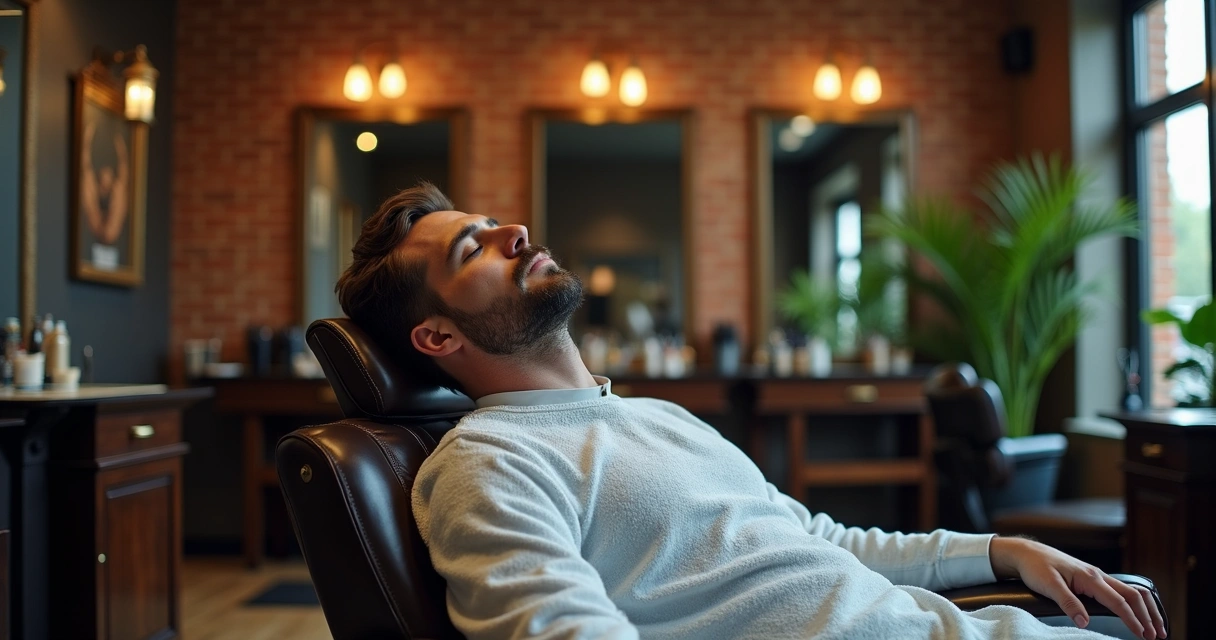 Cliente aproveitando serviço de toalha quente em ambiente sofisticado de barbearia 