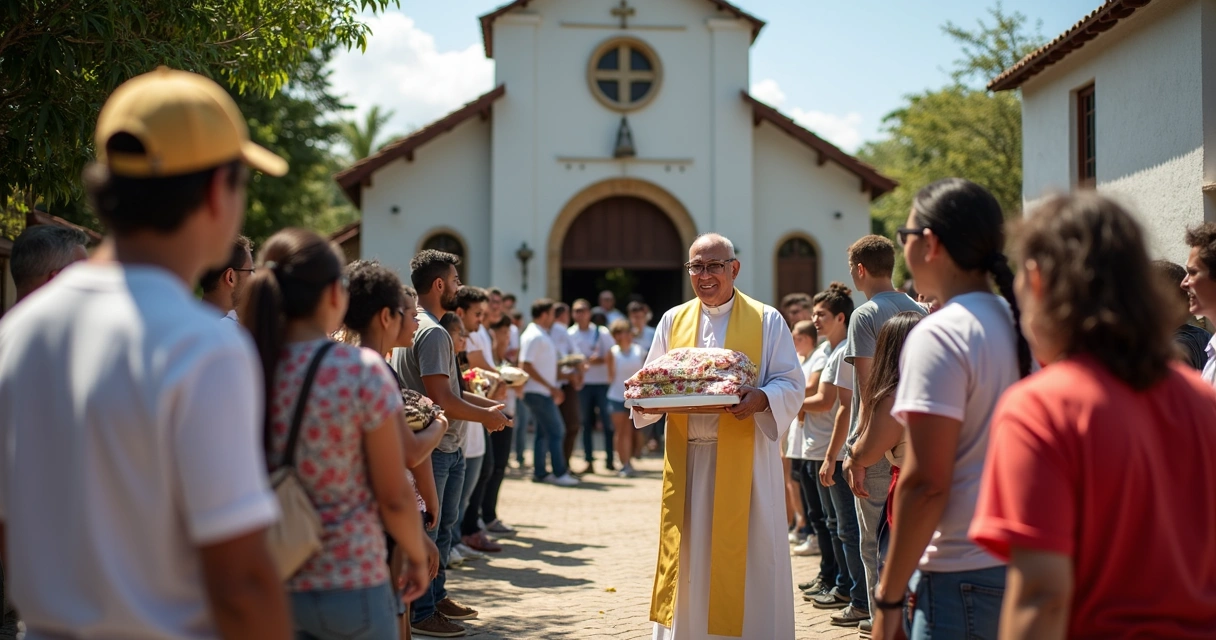 Católicos ajudando pessoas carentes com doações na porta de uma igreja, expressão de fé e serviço 