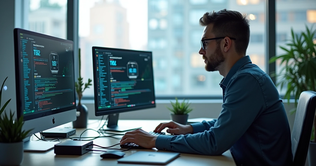 Técnico de TI trabalhando em mesa com vários dispositivos de informática. 