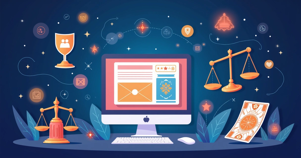Ilustração de um site de tarot online, destacando segurança e reputação de consultores.