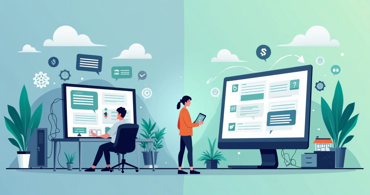 Comparação visual entre serviço técnico e automação pronta no WhatsApp em ilustração corporativa 