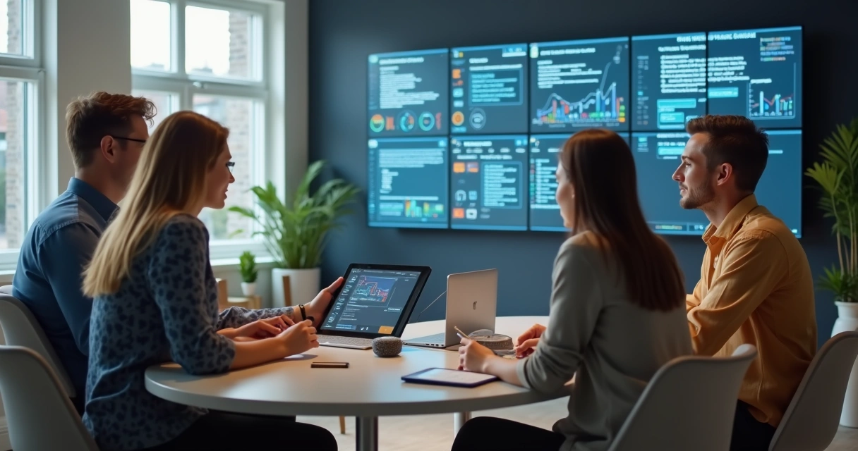 Serviços automatizados de administração de imóveis, computador com gráficos digitais, área de gestão financeira ao fundo 