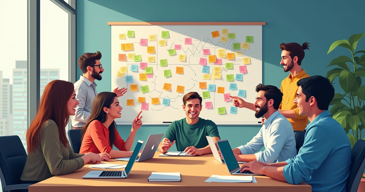 Equipe de marketing reunida em uma sala moderna, brainstorm em mural cheio de anotações 