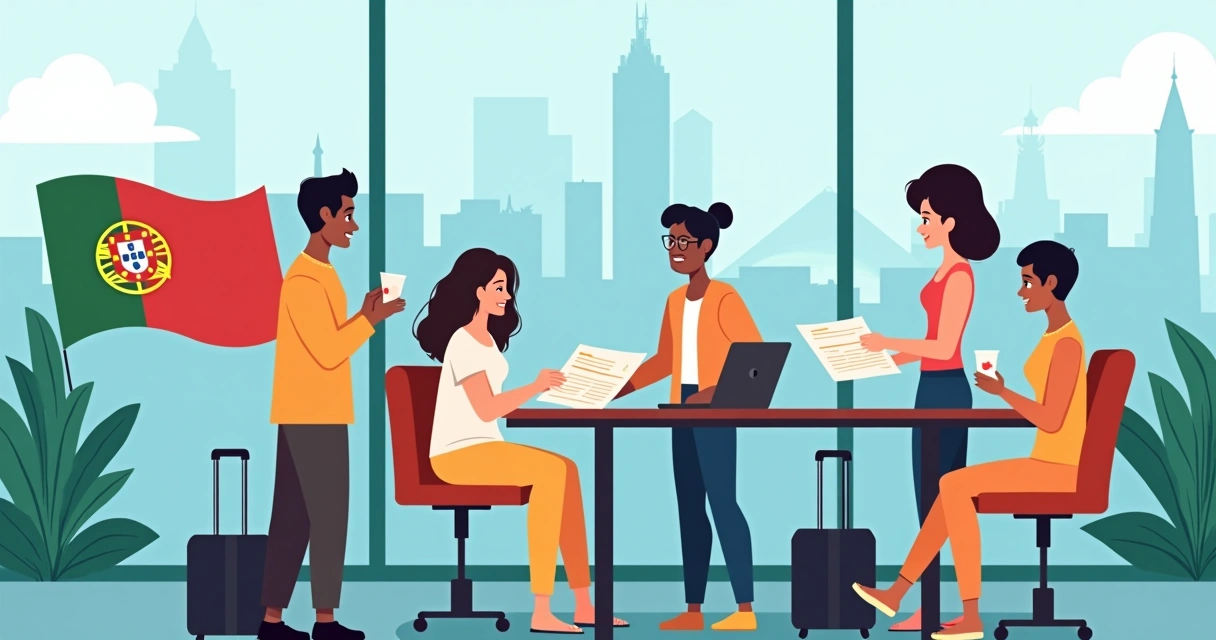 Ilustração corporativa plana mostrando atendimento a imigrantes em escritório com agentes ajudando pessoas 
