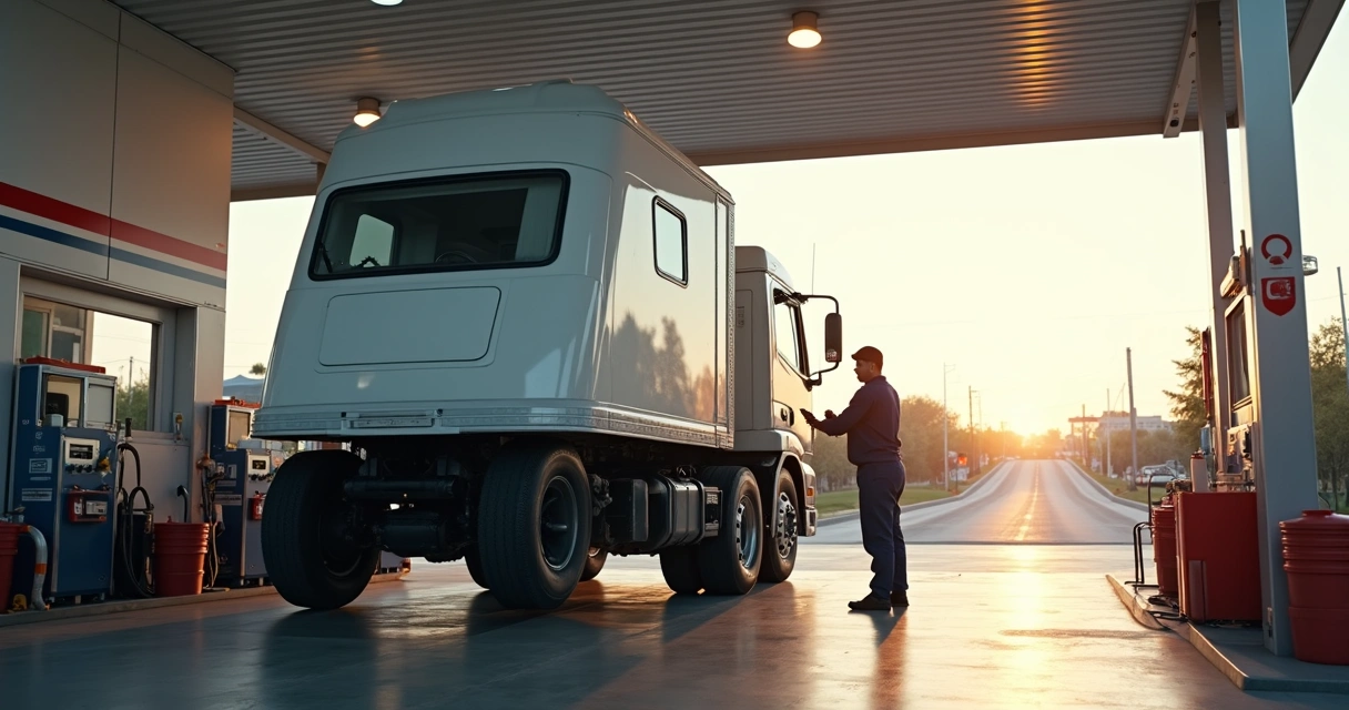 Mecânico realizando troca de óleo em caminhão posicionado em área de serviço de posto de estrada. 