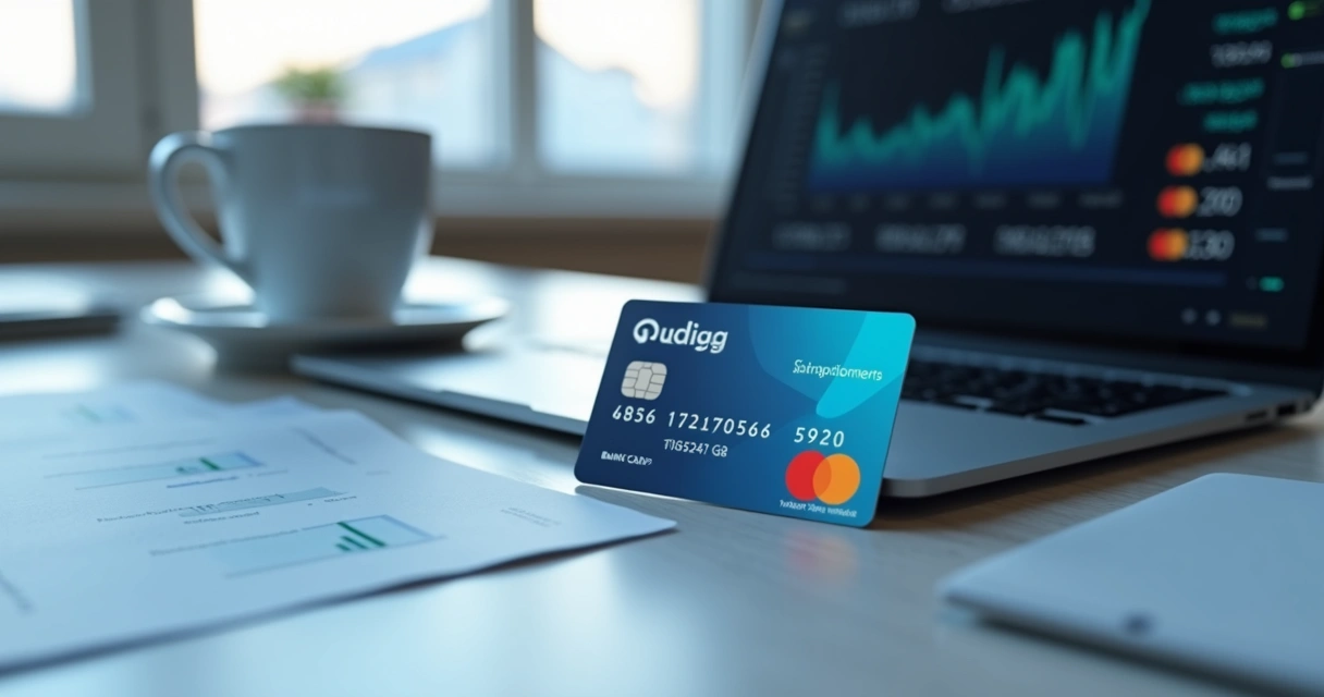 Cartão digital internacional sobre mesa ao lado de laptop e café 
