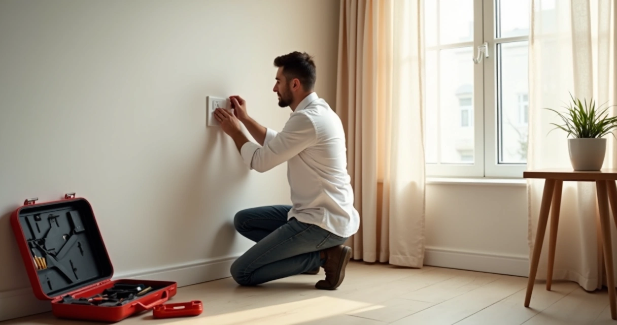Pessoa ajustando uma tomada numa parede branca 