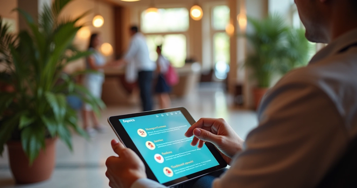 Hóspede escolhendo serviço extra em tablet na recepção 