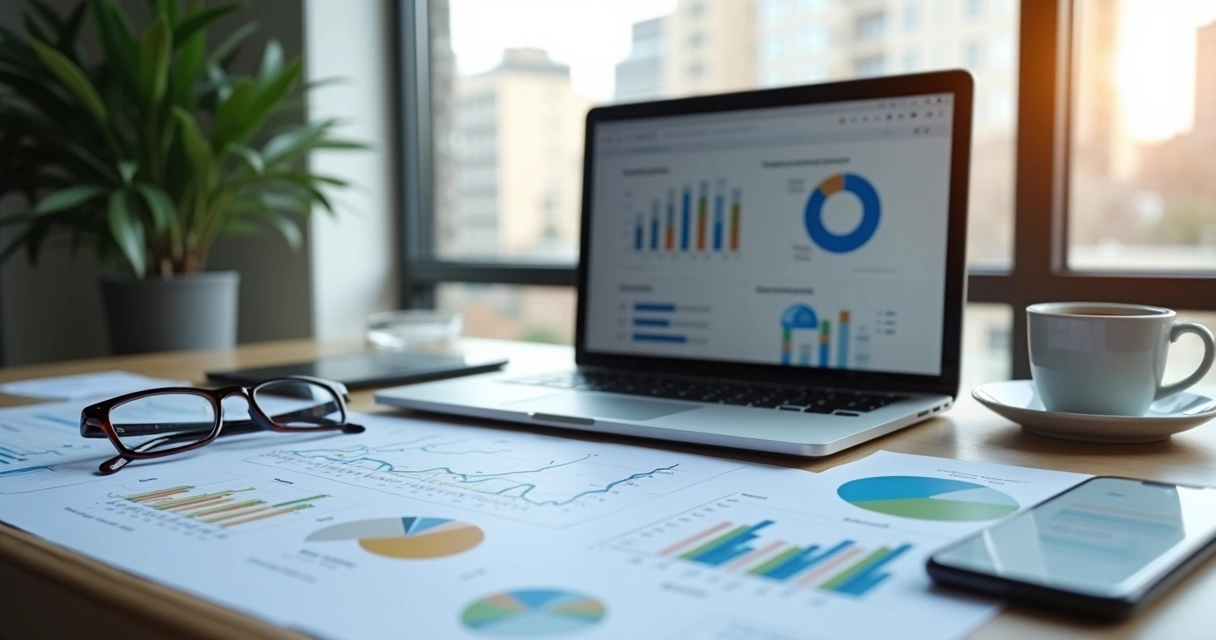 Mesa com computador mostrando gráficos financeiros, papéis de planejamento e smartphone ao lado 