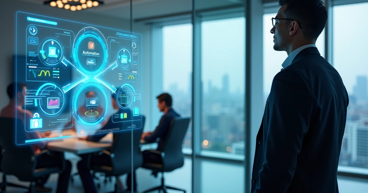 Empresário observando painel digital com gráficos e ícones de IA em escritório moderno 