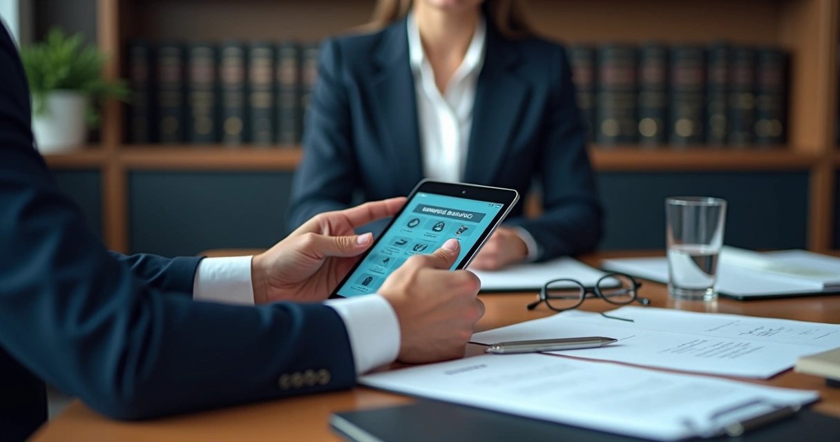 Advogado explica serviços em tablet para cliente 