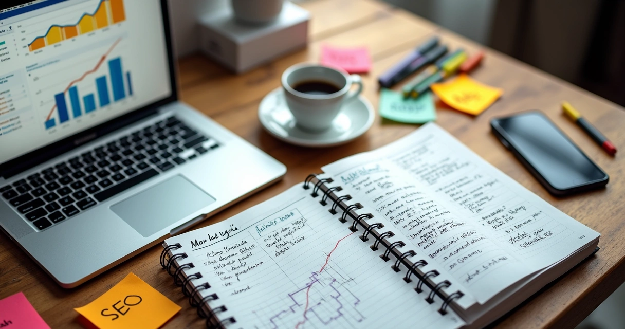 Mesa com materiais de trabalho digital, notebook exibindo gráficos, cadernos, xícara de café e smartphone