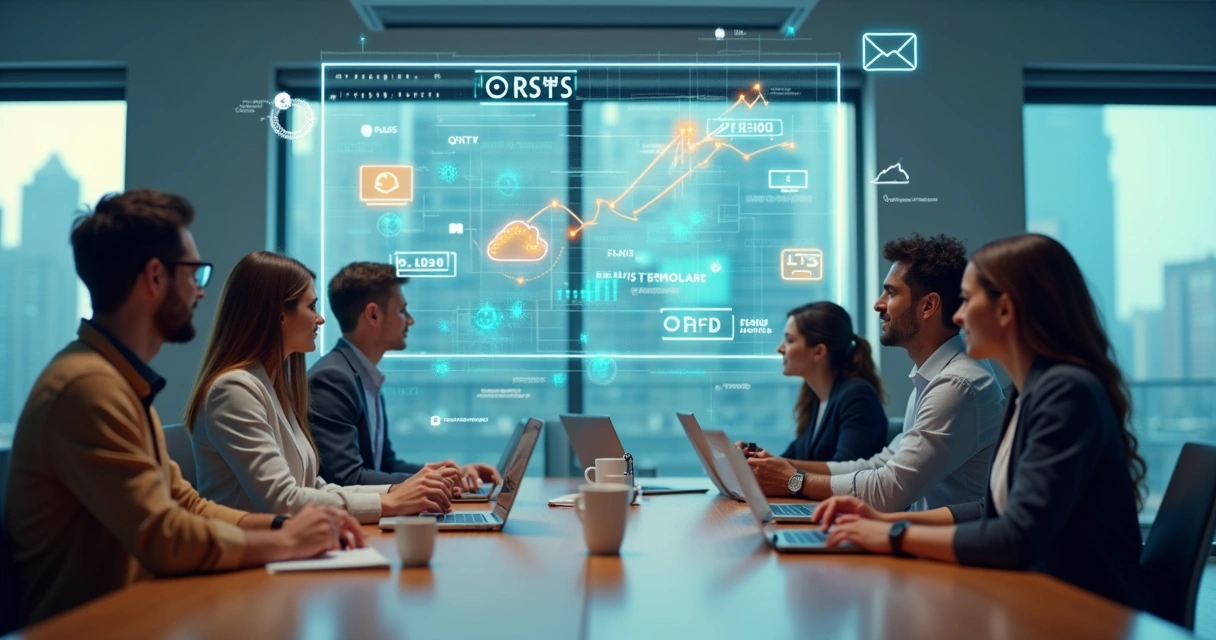 Equipe analisando serviços de marketing digital em painel com gráficos e ícones virtuais 