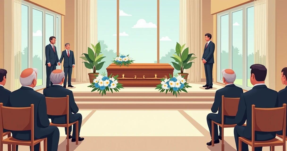 Sala de cerimônia funeral com urna, flores e cadeiras 