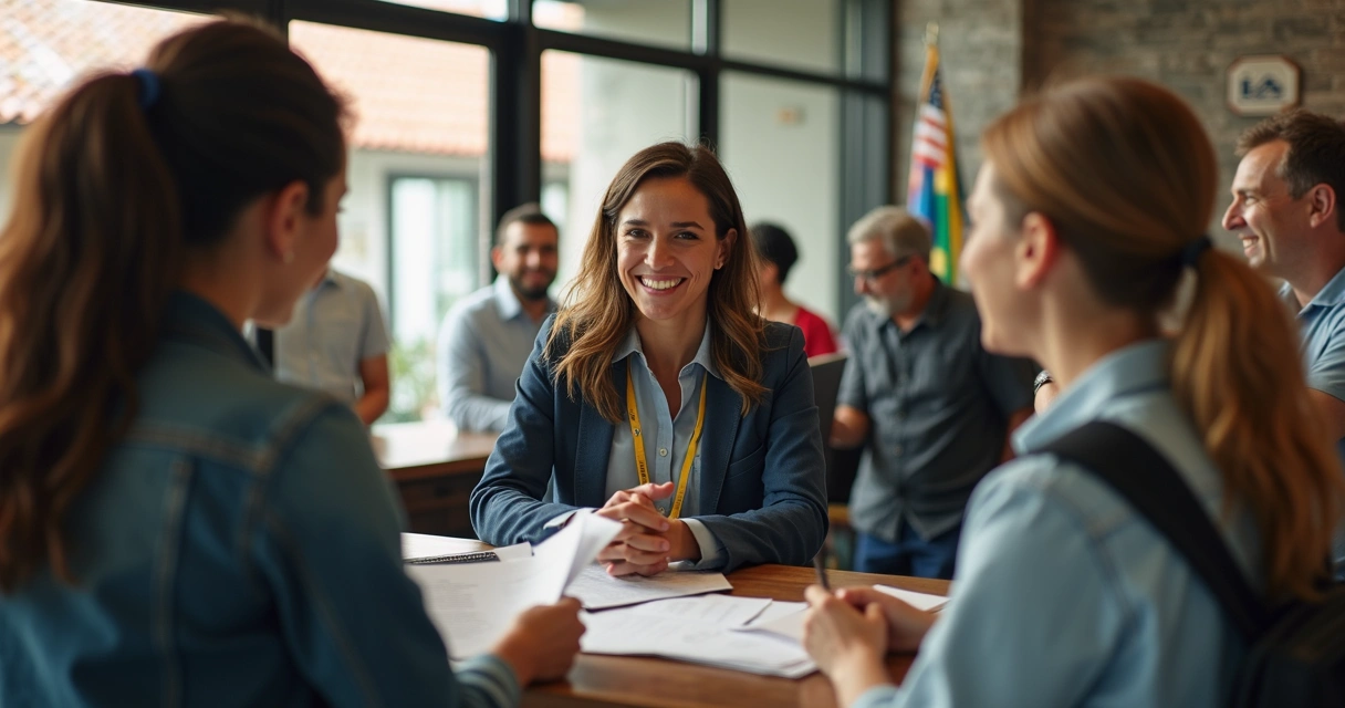 Atendente de serviço público em Orlando ajudando brasileiros com documentos em português 