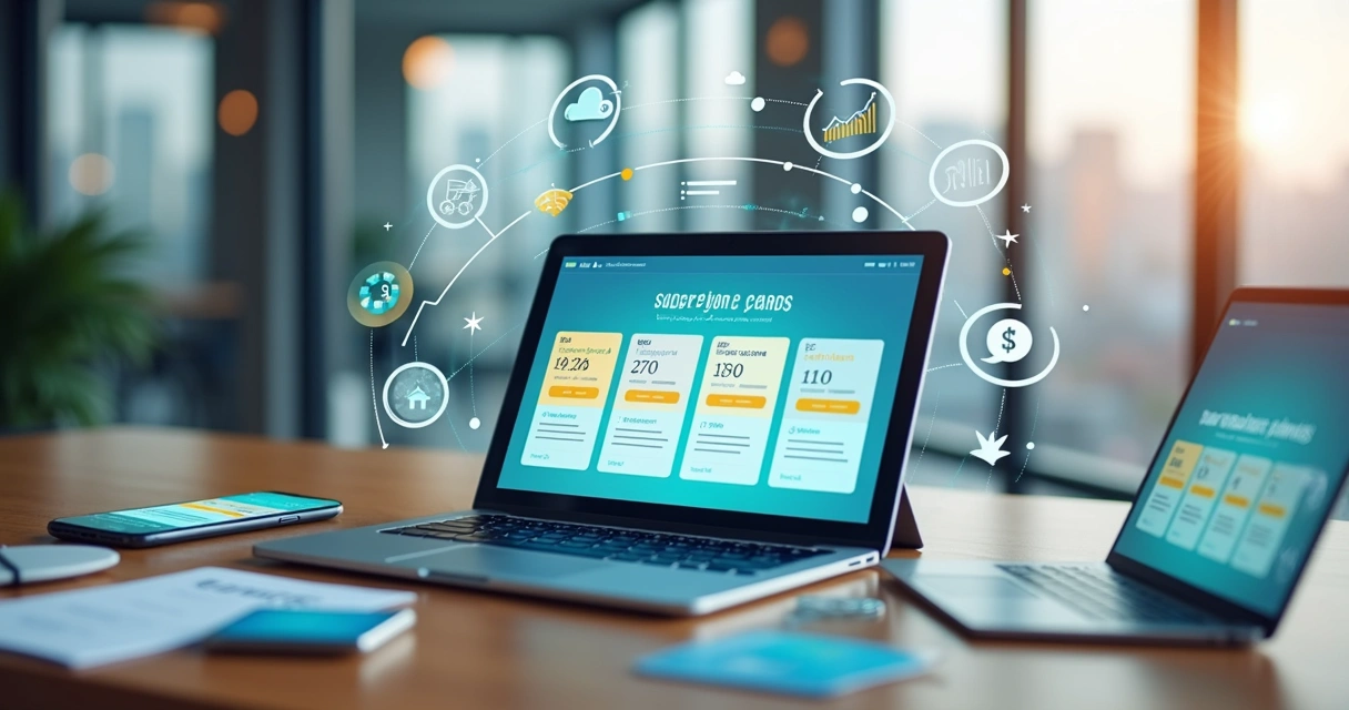 Mesa de trabalho com ícones de assinaturas digitais conectados a vários dispositivos 